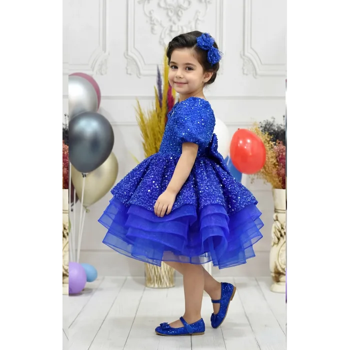 Kız Çocuk Saks Mavisi Boncuklu Payetli Kalp Detaylı Kabarık Elbise