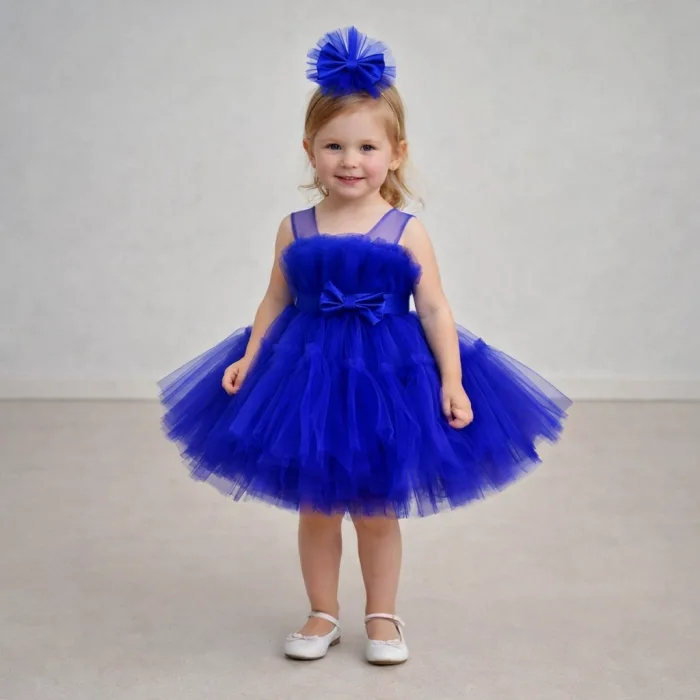 Kız Çocuk Saks Mavisi Şeffaf Üst Ön Fiyonk Detaylı Kemerli Kabarık