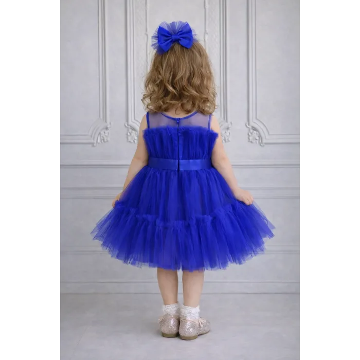 Kız Çocuk Saks Mavisi Şeffaf Üst Ön Fiyonk Detaylı Kemerli Kabarık