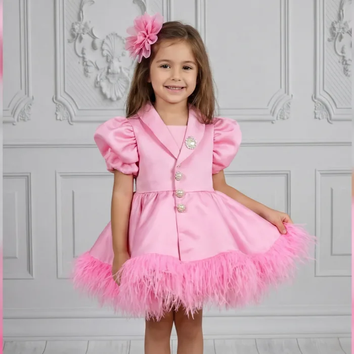Kız Çocuk Şeker Pembe Ceket Taş Düğmeli Kısa Balon Kol Tüy Detaylı Elbise