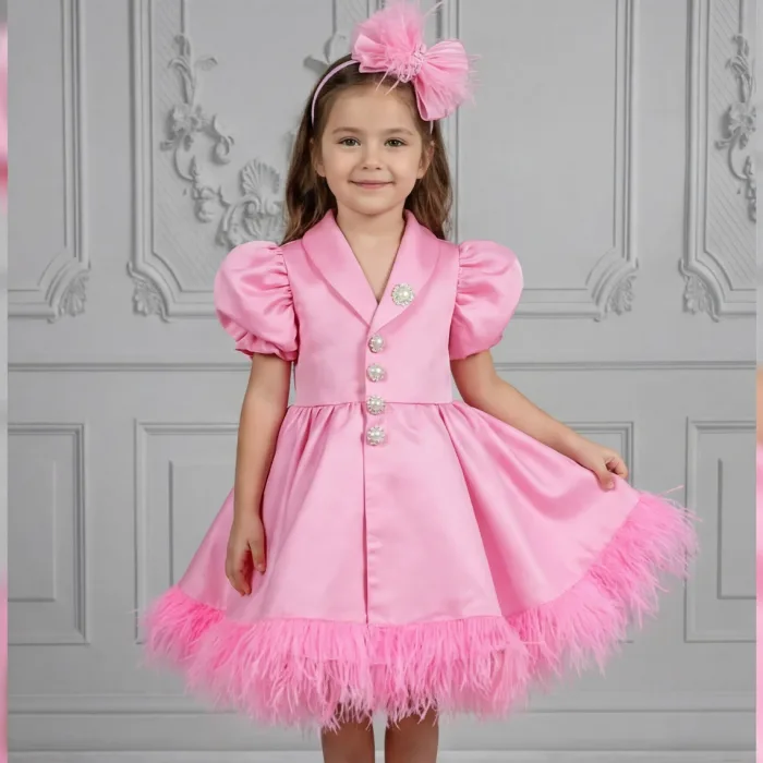 Kız Çocuk Şeker Pembe Ceket Taş Düğmeli Kısa Balon Kol Tüy Detaylı Elbise