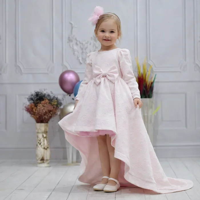 Kız Çocuk Şeker Pembesi Desenli Kumaş Kuyruklu Elbise