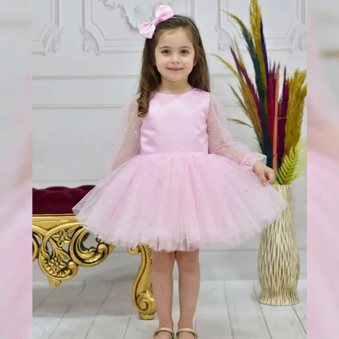 Kız Çocuk Şeker Pembesi İncili Uzun Kol Kabarık Elbise