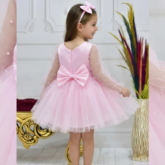 Kız Çocuk Şeker Pembesi İncili Uzun Kol Kabarık Elbise