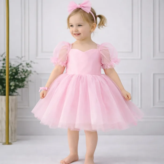 Kız Çocuk Şeker Pembesi Kalp Detaylı Balon Kısa Kol Elbise