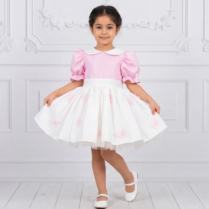 Kız Çocuk Şeker Pembesi Krem Bebe Yakalı Etekli Kelebek İşlemli Kabarık Elbise