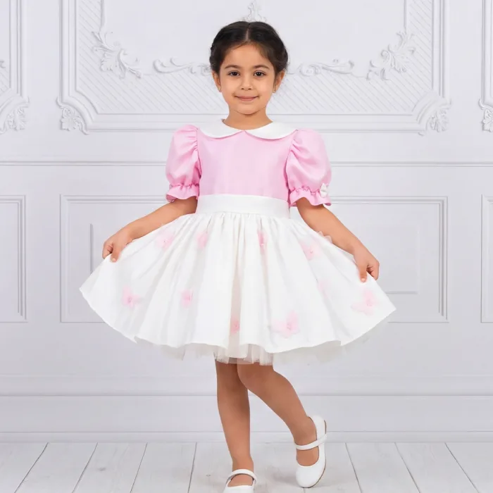 Kız Çocuk Şeker Pembesi Krem Bebe Yakalı Etekli Kelebek İşlemli Kabarık Elbise