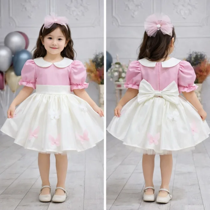 Kız Çocuk Şeker Pembesi Krem Bebe Yakalı Etekli Kelebek İşlemli Kabarık Elbise