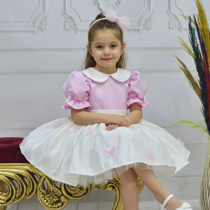 Kız Çocuk Şeker Pembesi Krem Bebe Yakalı Etekli Kelebek İşlemli Kabarık Elbise