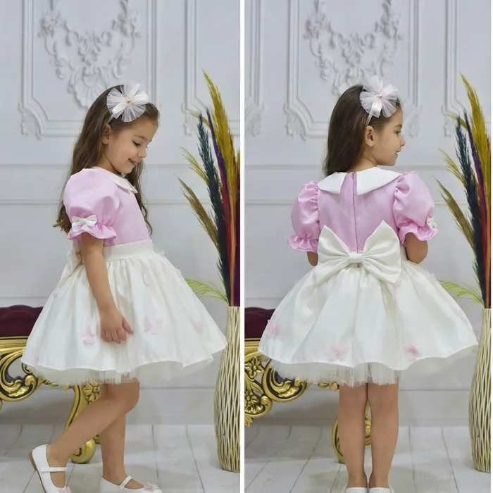 Kız Çocuk Şeker Pembesi Krem Bebe Yakalı Etekli Kelebek İşlemli Kabarık Elbise