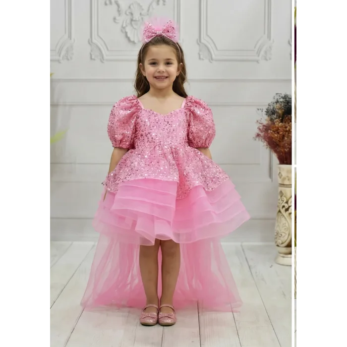 Kız Çocuk Şeker Pembesi Kuyruklu Boncuklu Payetli Uzun Kol Kabarık Elbise