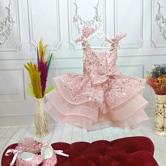 Pudra Çift Fiyonklu Taşlı Boncuklu Payetli Kabarık Elbise