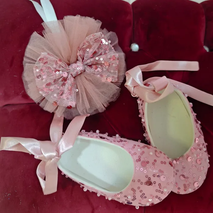 Pudra Çift Fiyonklu Taşlı Boncuklu Payetli Kabarık Elbise