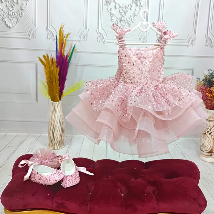 Pudra Çift Fiyonklu Taşlı Boncuklu Payetli Kabarık Elbise