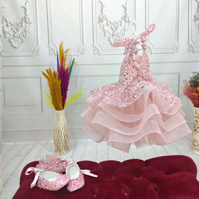 Pudra Çift Fiyonklu Taşlı Boncuklu Payetli Kabarık Elbise