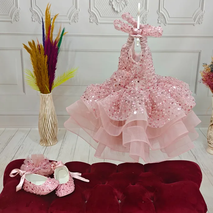 Pudra Çift Fiyonklu Taşlı Boncuklu Payetli Kabarık Elbise