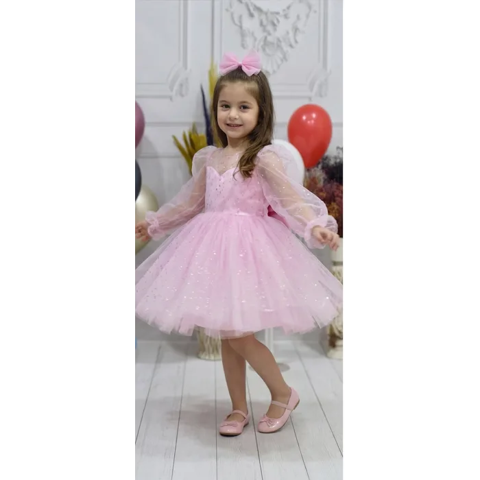 Kız Çocuk Şeker Pembesi Şeffaf Üstlü Flok Tüllü Kabarık Elbise