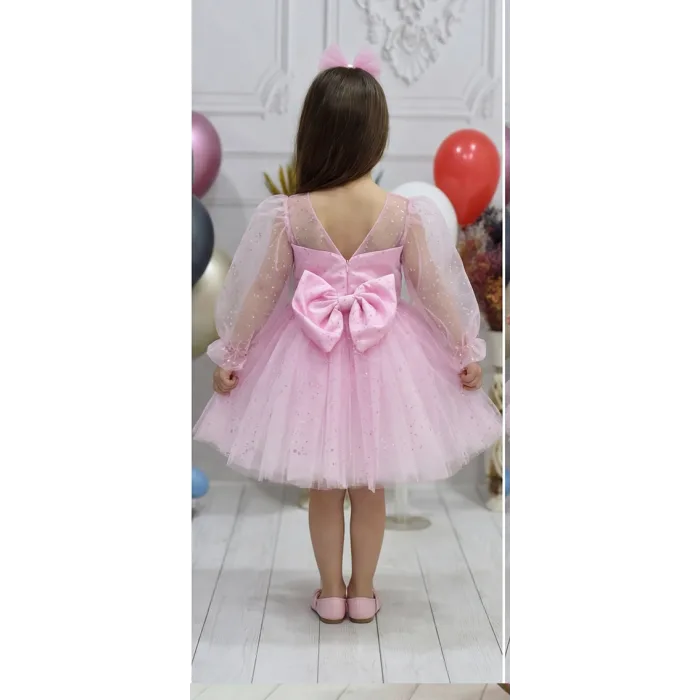 Kız Çocuk Şeker Pembesi Şeffaf Üstlü Flok Tüllü Kabarık Elbise