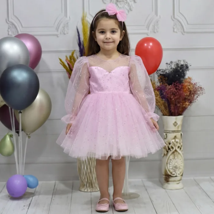 Kız Çocuk Şeker Pembesi Şeffaf Üstlü Flok Tüllü Kabarık Elbise