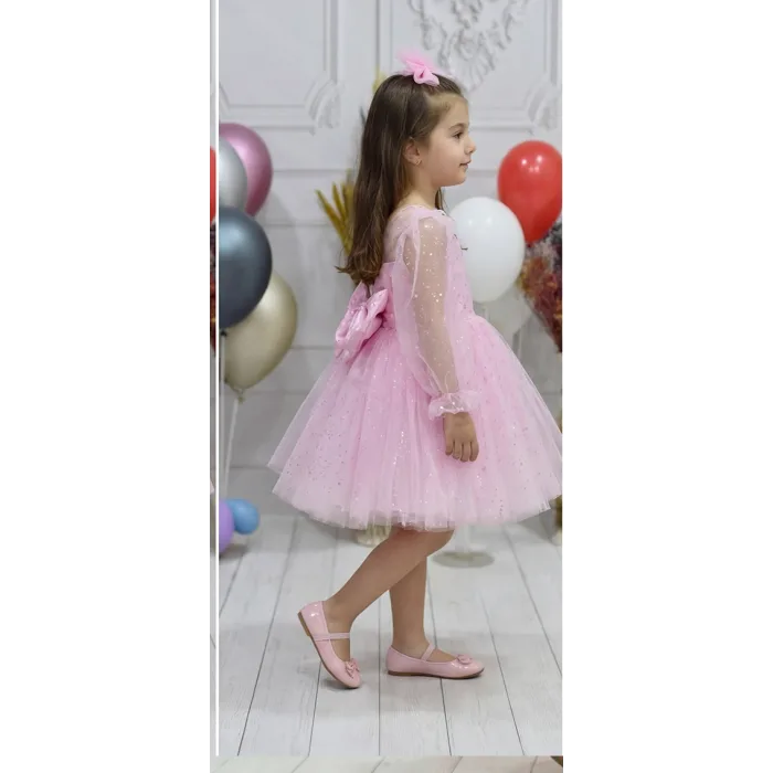 Kız Çocuk Şeker Pembesi Şeffaf Üstlü Flok Tüllü Kabarık Elbise