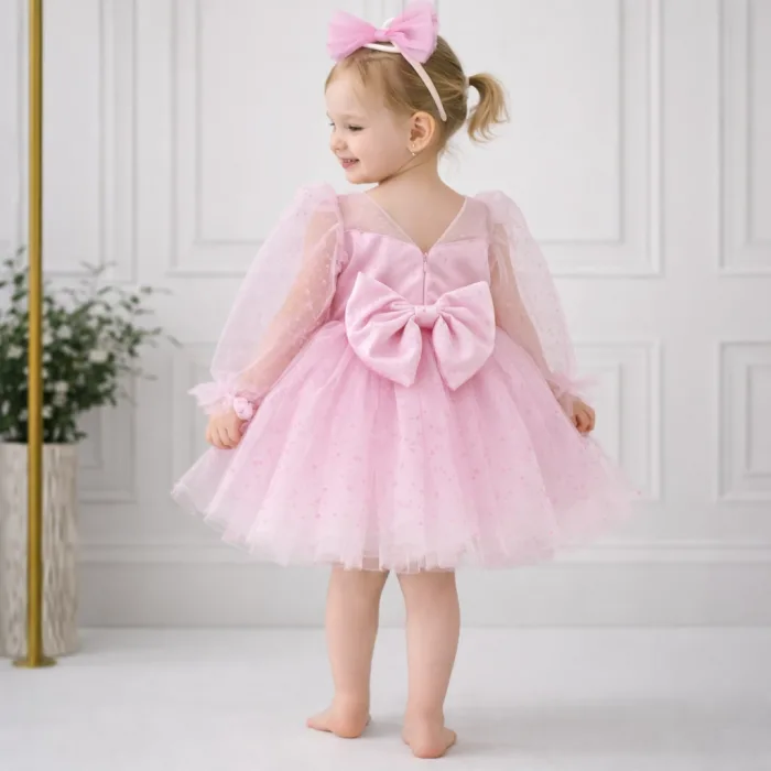 Kız Çocuk Şeker Pembesi Şeffaf Üstlü Flok Tüllü Kabarık Elbise