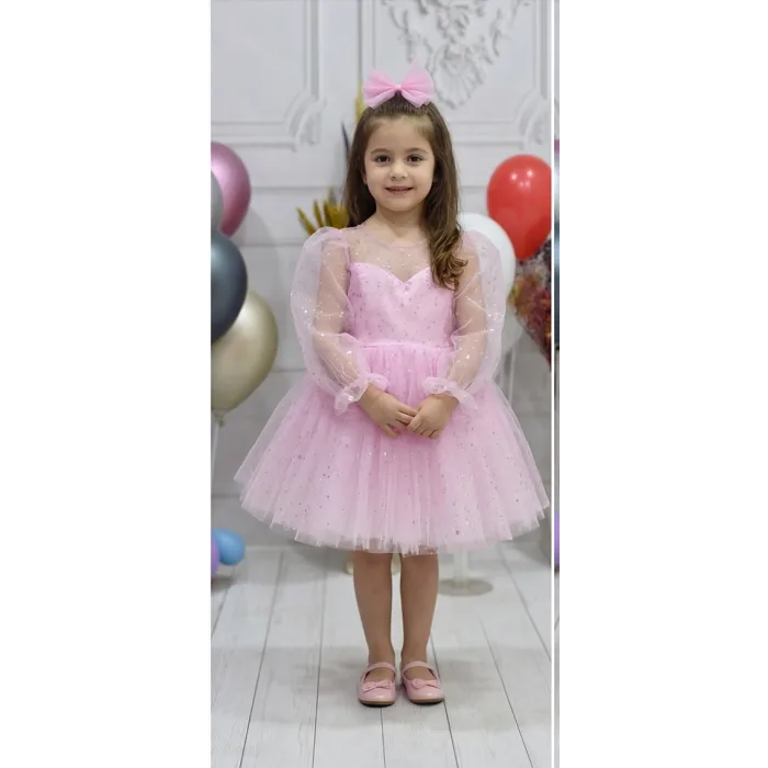 Kız Çocuk Şeker Pembesi Şeffaf Üstlü Flok Tüllü Kabarık Elbise