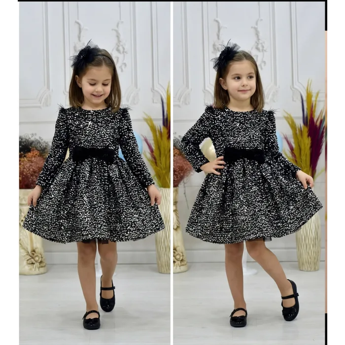 Kız Çocuk Siyah Beyaz Payetli Uzun Kol Omuz Tül Detaylı Elbise
