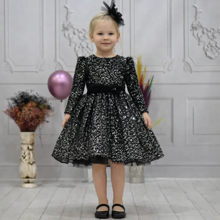 Kız Çocuk Siyah Beyaz Payetli Uzun Kol Omuz Tül Detaylı Elbise