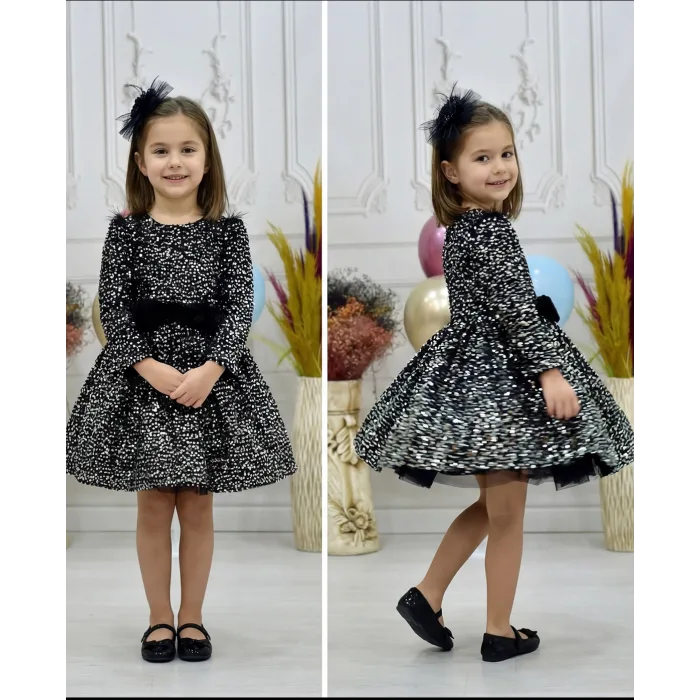 Kız Çocuk Siyah Beyaz Payetli Uzun Kol Omuz Tül Detaylı Elbise