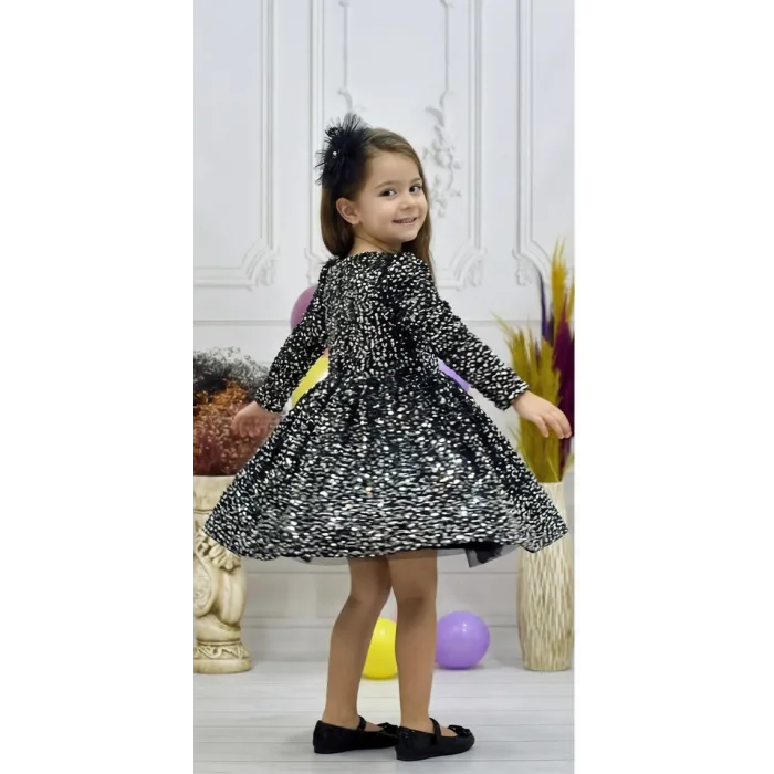 Kız Çocuk Siyah Beyaz Payetli Uzun Kol Omuz Tül Detaylı Elbise