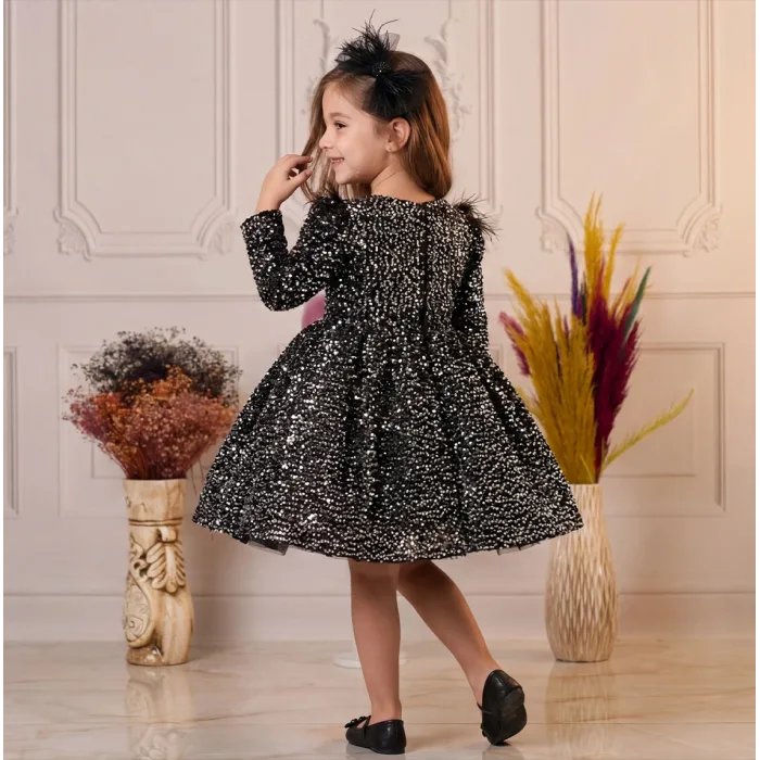 Kız Çocuk Siyah Beyaz Payetli Uzun Kol Omuz Tül Detaylı Elbise