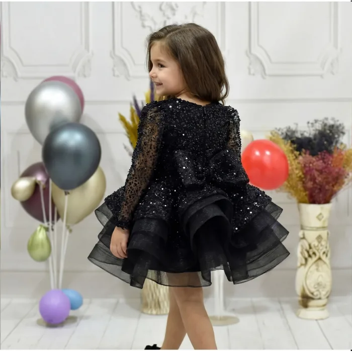 Kız Çocuk Siyah Boncuklu Payetli Kabarık Elbise