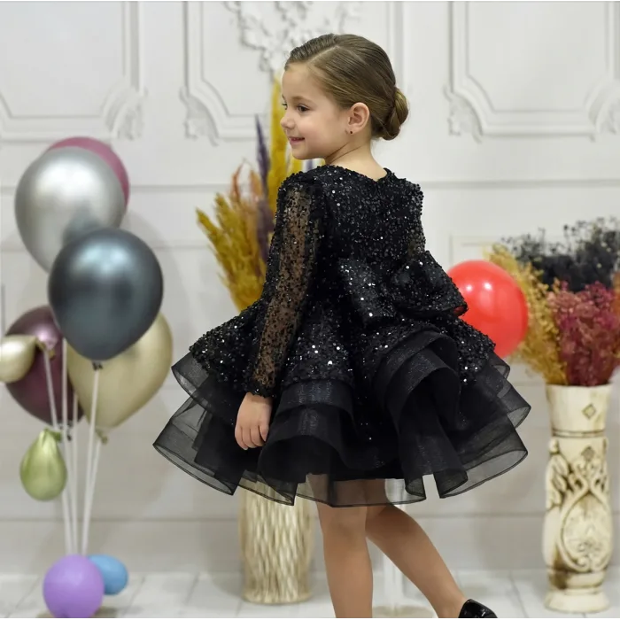Kız Çocuk Siyah Boncuklu Payetli Kabarık Elbise