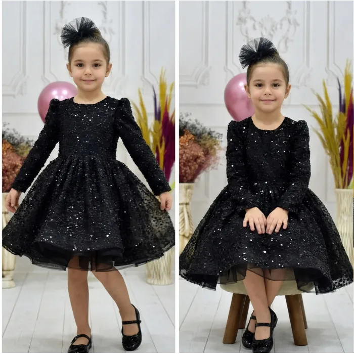 Kız Çocuk Siyah Boncuklu Payetli Uzun Kol Kabarık Elbise