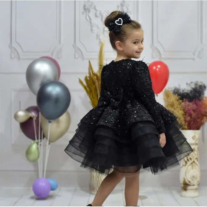 Kız Çocuk Siyah Boncuklu Payetli Kabarık Elbise