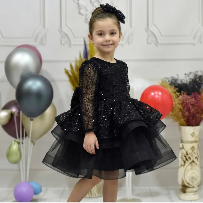 Kız Çocuk Siyah Boncuklu Payetli Kabarık Elbise