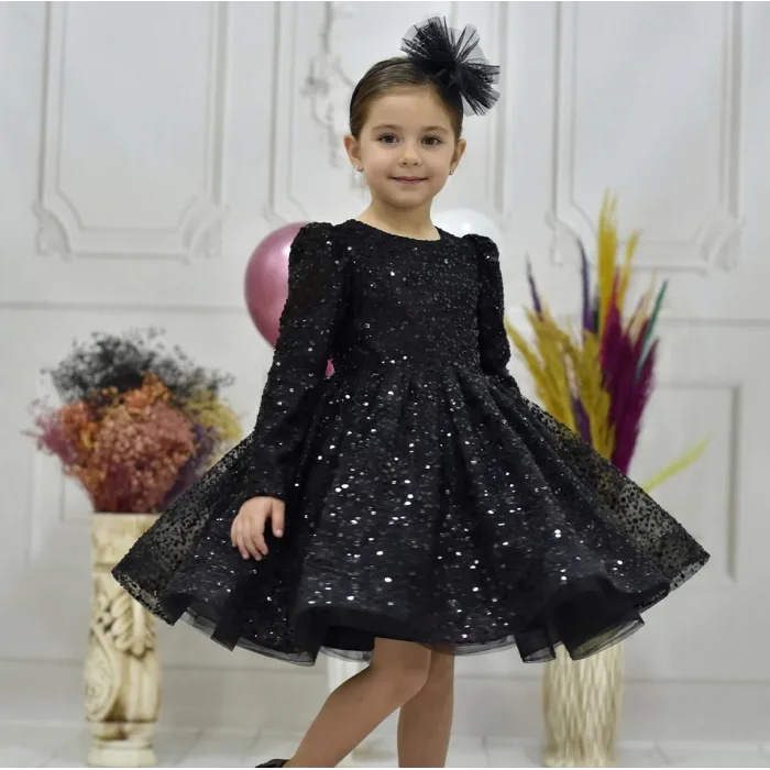 Kız Çocuk Siyah Boncuklu Payetli Uzun Kol Kabarık Elbise