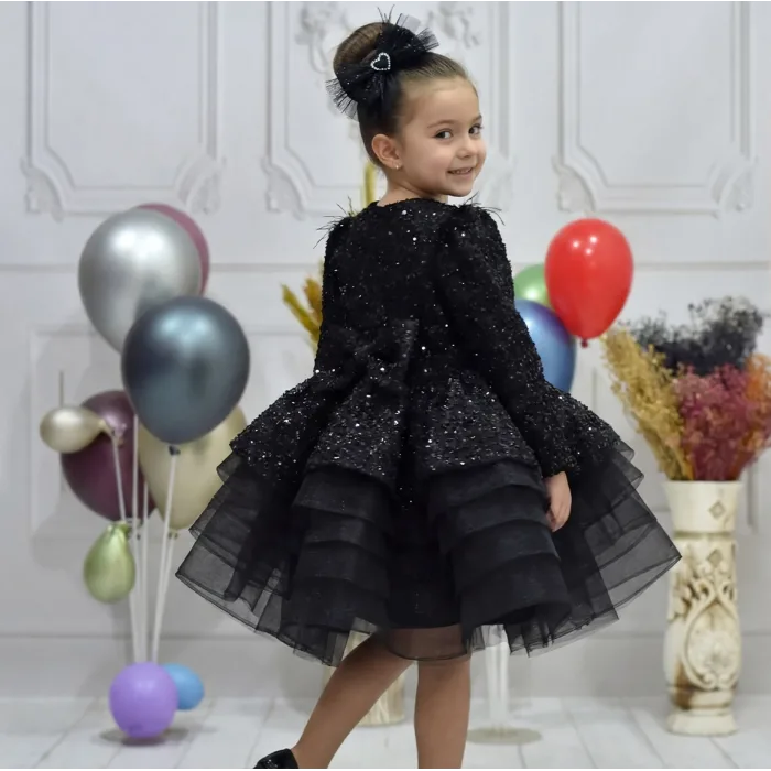 Kız Çocuk Siyah Boncuklu Payetli Kabarık Elbise