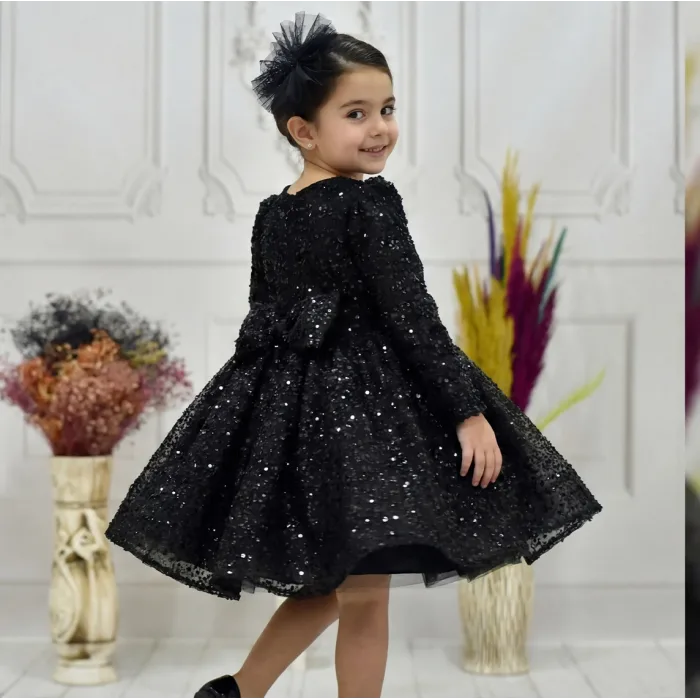Kız Çocuk Siyah Boncuklu Payetli Uzun Kol Kabarık Elbise
