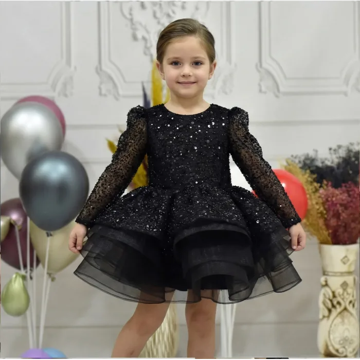 Kız Çocuk Siyah Boncuklu Payetli Kabarık Elbise