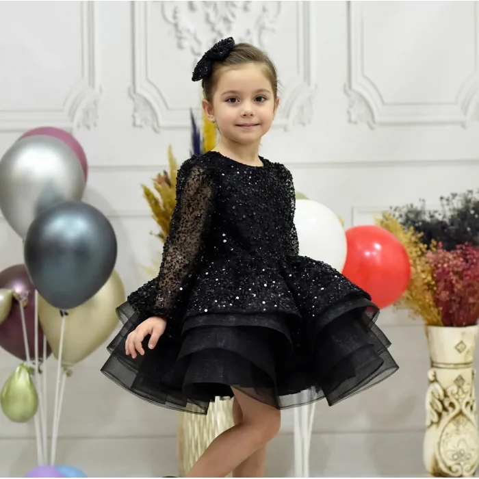 Kız Çocuk Siyah Boncuklu Payetli Kabarık Elbise