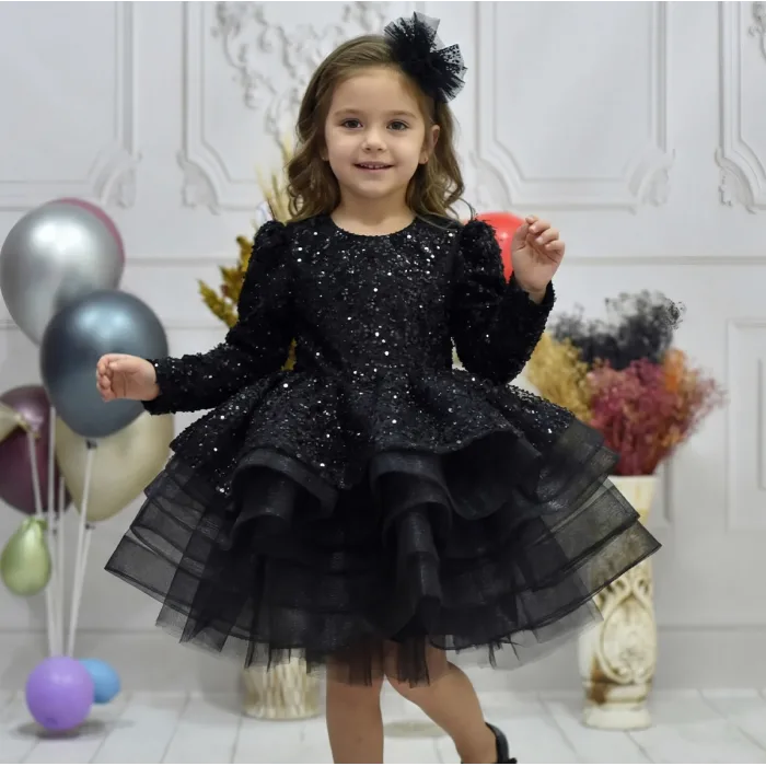Kız Çocuk Siyah Boncuklu Payetli Kabarık Elbise