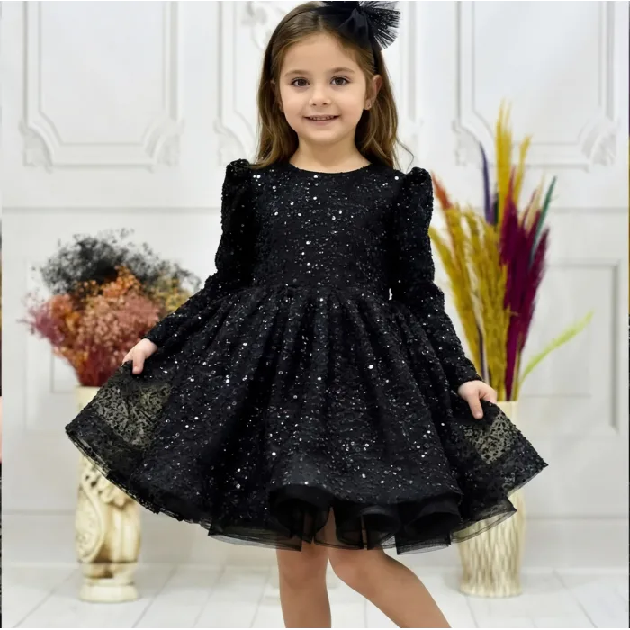 Kız Çocuk Siyah Boncuklu Payetli Uzun Kol Kabarık Elbise