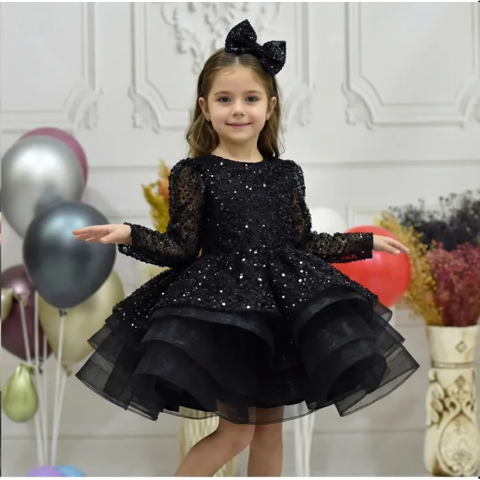 Kız Çocuk Siyah Boncuklu Payetli Kabarık Elbise