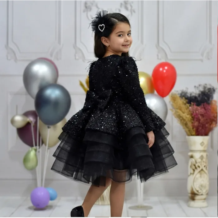 Kız Çocuk Siyah Boncuklu Payetli Kabarık Elbise