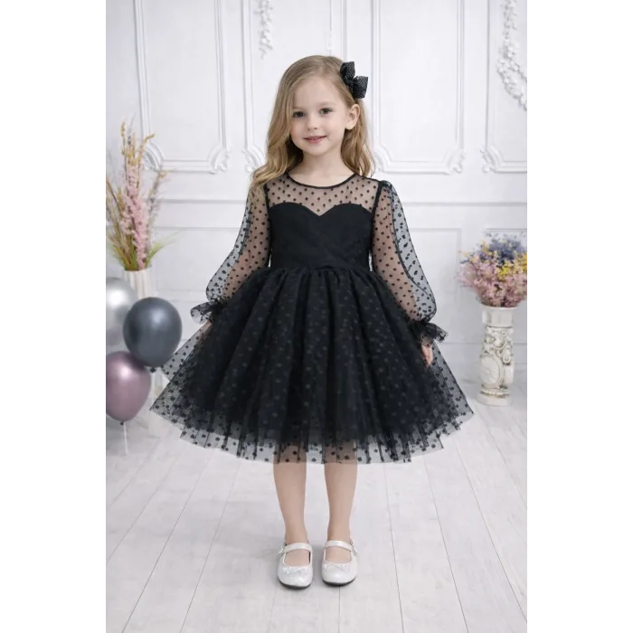 Kız Çocuk Siyah Flok Tül Kalp Detaylı Kabarık Elbise