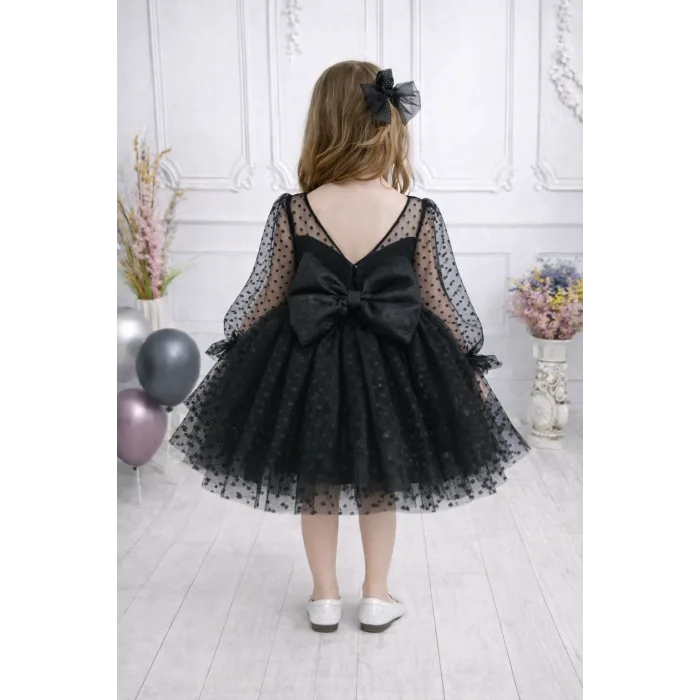 Kız Çocuk Siyah Flok Tül Kalp Detaylı Kabarık Elbise