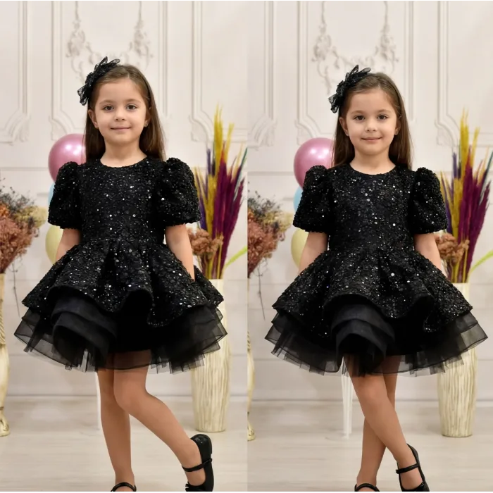 Kız Çocuk Siyah Kısa Balon Kol Taşlı Boncuklu Elbise
