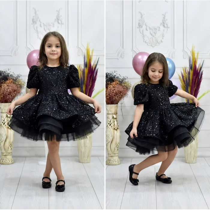 Kız Çocuk Siyah Kısa Balon Kol Taşlı Boncuklu Elbise