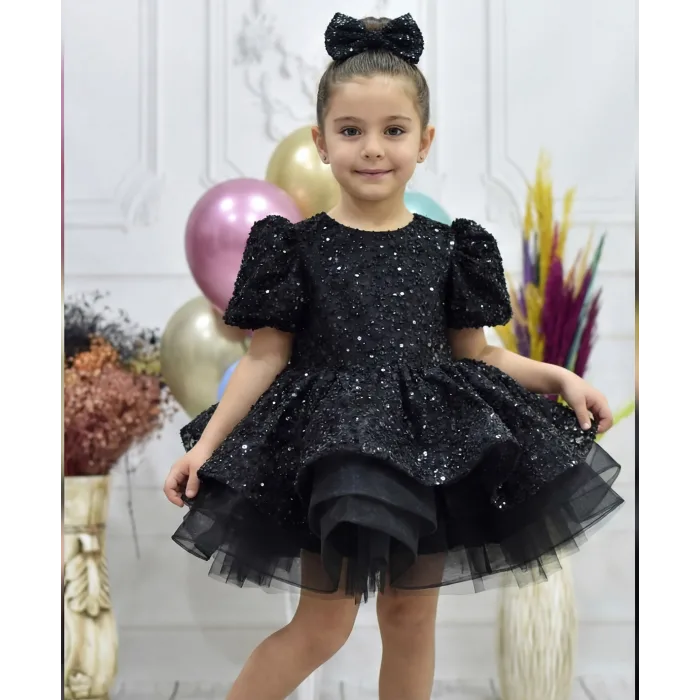Kız Çocuk Siyah Kısa Balon Kol Taşlı Boncuklu Elbise